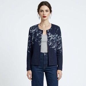 St John Cardigan S Navy Floral Glitter Wool Blend Single Button Luxury Sweater